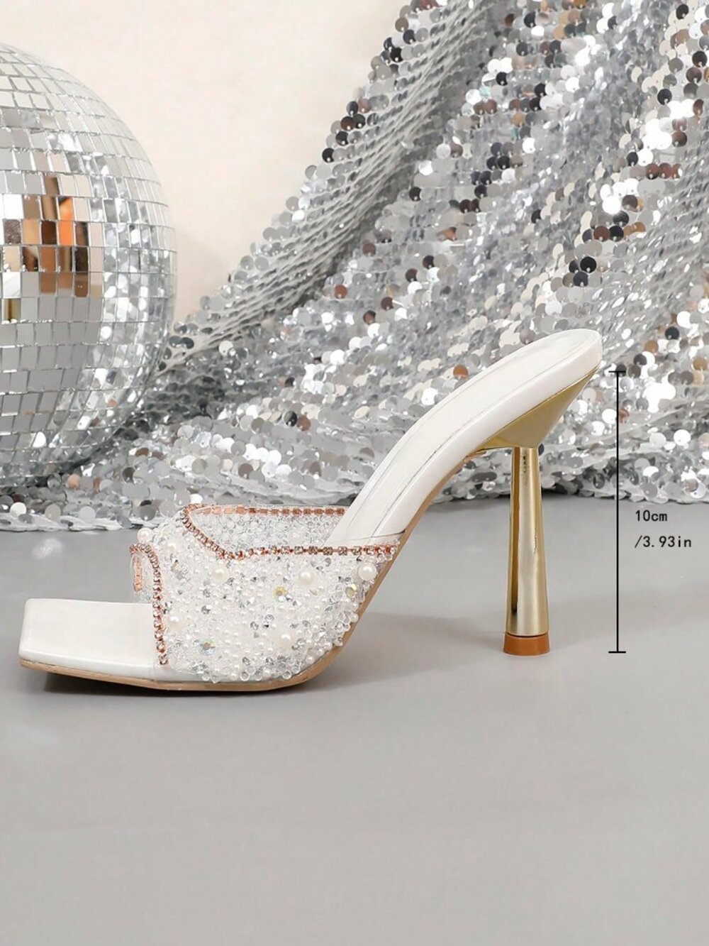 White Elegant Women's High Heel Rhinestone Embellished Sandals - Picture 7 of 7